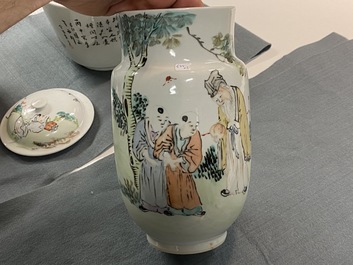 A Chinese qianjiang cai jardini&egrave;re and a covered vase, 19/20th C.
